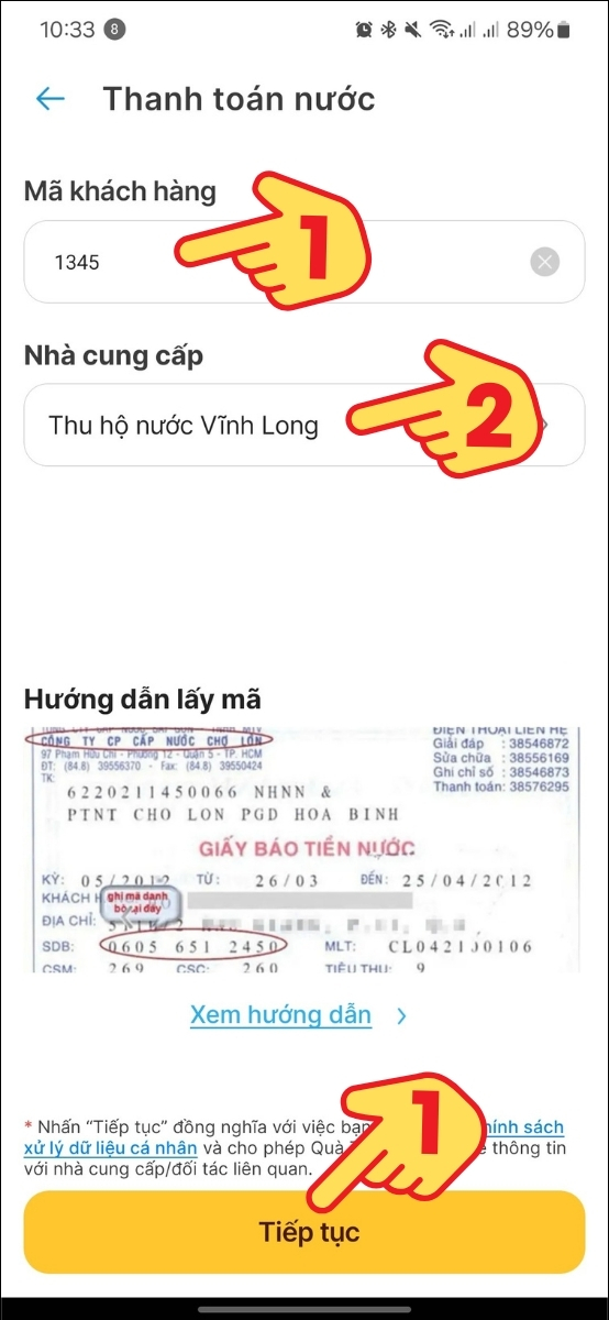 Nhập m&atilde; kh&aacute;ch h&agrave;ng, nh&agrave; cung cấp > Bấm Tiếp tục