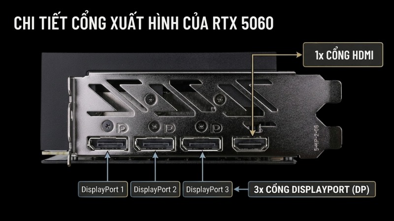 Mẫu RTX 5060: C&oacute; 3 cổng DisplayPort v&agrave; 1 cổng HDMI 