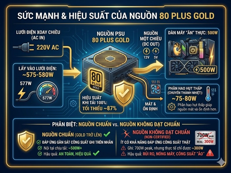 C&aacute;c bộ nguồn chuẩn Gold trở l&ecirc;n thường c&oacute; khả năng đ&aacute;p ứng gần s&aacute;t với c&ocirc;ng suất ghi tr&ecirc;n nh&atilde;n