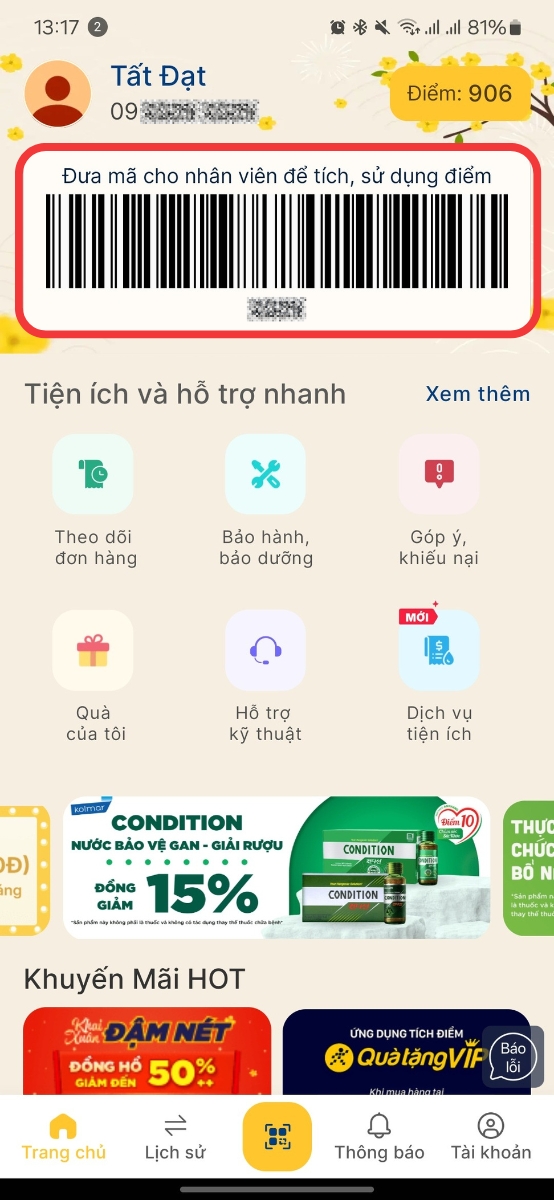 Đưa m&atilde; vạch c&oacute; sẵn cho nh&acirc;n vi&ecirc;n qu&eacute;t t&iacute;ch điểm