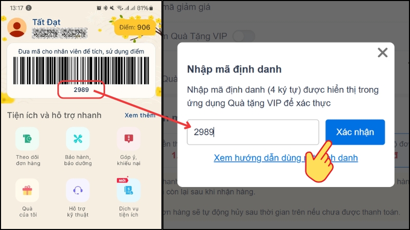 Lấy m&atilde; định danh Qu&agrave; Tặng VIP v&agrave; x&aacute;cnhận tr&ecirc;n website mua h&agrave;ng
