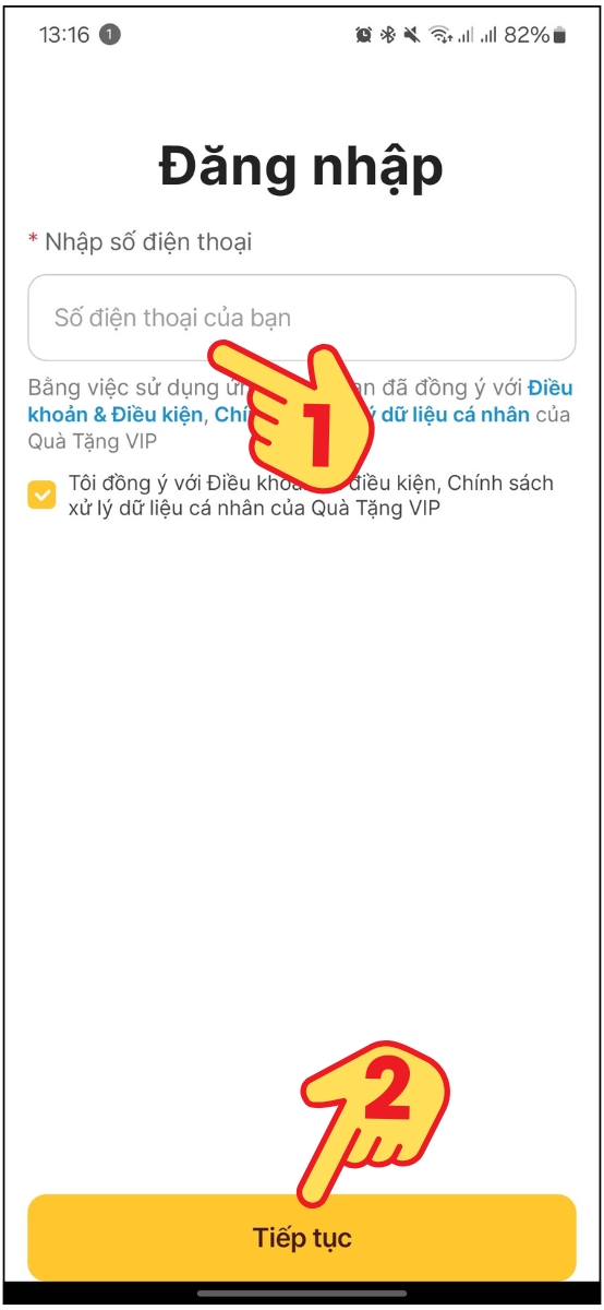 Tiếp đến, bạn tiến h&agrave;nh nhập số điện thoại c&aacute; nh&acirc;n > Sau đ&oacute; nhấp chọn tiếp tục