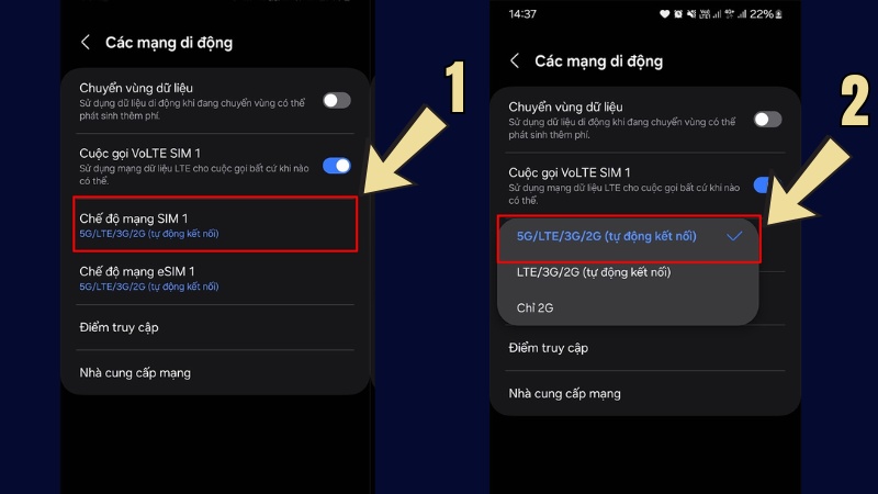 Nếu điện thoại hỗ trợ 5G, mục n&agrave;y sẽ c&oacute; 5G, nếu kh&ocirc;ng chỉ hiển thị l&agrave; 