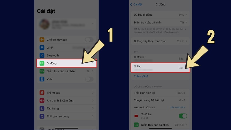  Nhấn chọn tiếp v&agrave;o&nbsp;SIM m&agrave; m&igrave;nh đang sử dụng dữ liệu di động&nbsp;tr&ecirc;n điện thoại iPhone.