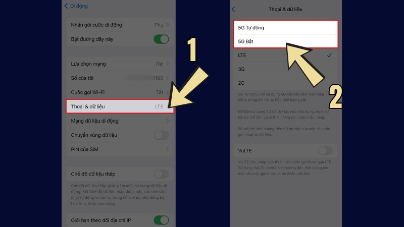 Tại đ&acirc;y nếu điện thoại của bạn c&oacute; 5G sẽ hiển thị c&aacute;c c&agrave;i đặt kết nối như l&agrave; 5G Tự Động hoặc Bật 5G.