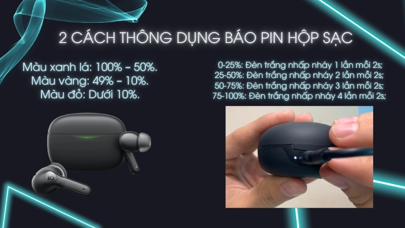 Kiểm tra phần trăm pin hộp sạc th&ocirc;ng qua đ&egrave;n b&aacute;o tr&ecirc;n hộp sạc