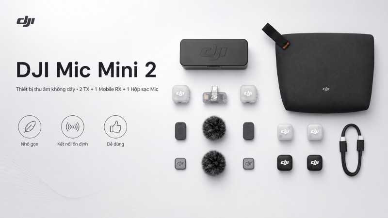 Thiết bị thu âm không dây DJI Mic Mini 2 (2 TX + 1 Mobile RX + 1 Hộp sạc Mic) Thiết bị thu âm không dây DJI Mic Mini 2 (2 TX + 1 Mobile RX + 1 Hộp sạc Mic)