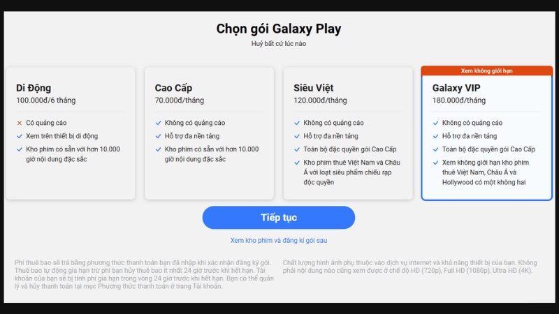 Giá phim trên Galaxy Play là bao nhiêu trên Web hãng