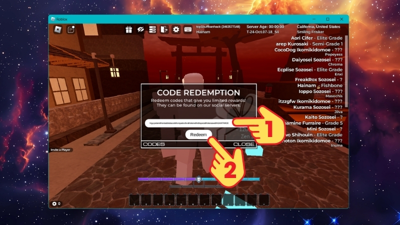 Nhập code và nhấn Redeem để nhận quà