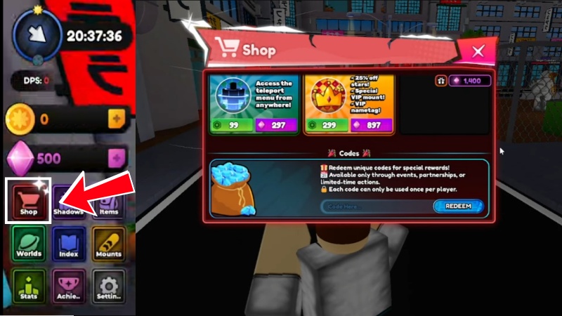 Chọn biểu tượng Shop (g&oacute;c tr&aacute;i, giữa m&agrave;n h&igrave;nh), k&eacute;o xuống