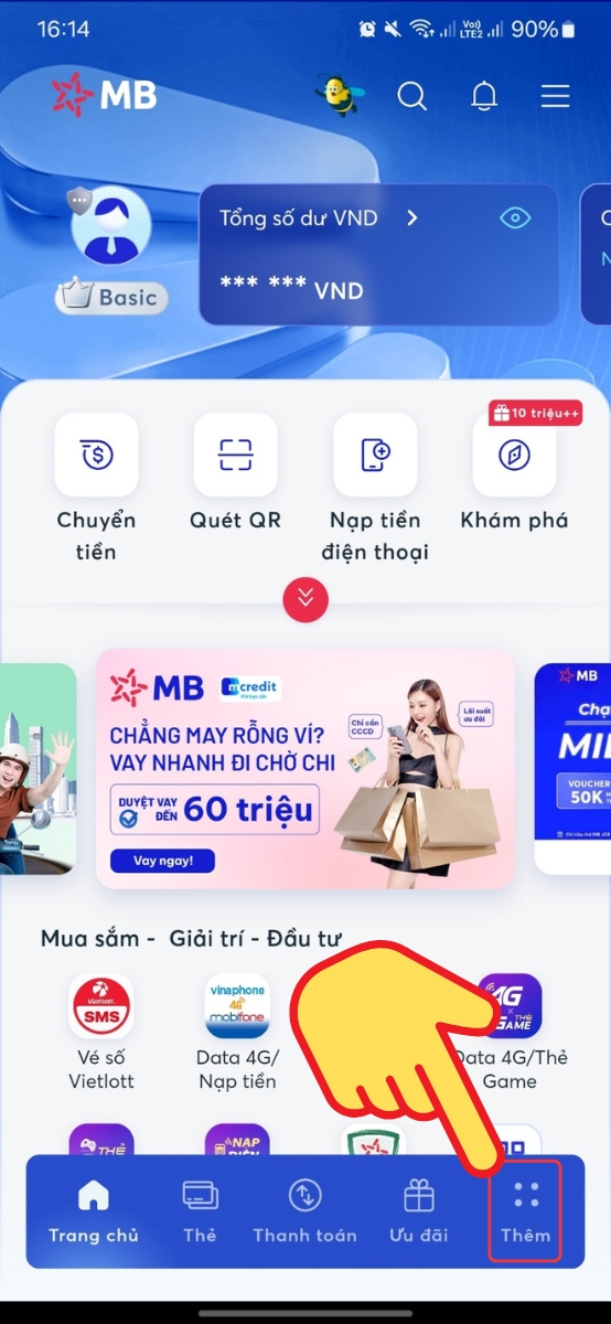 Đăng nhập v&agrave;o app MB Bank > Chọn Th&ecirc;m (g&oacute;c phải dưới m&agrave;n h&igrave;nh)
