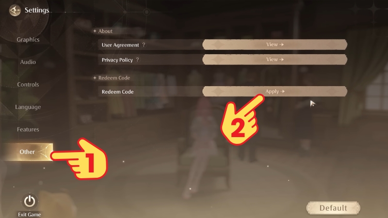 Chọn Other > Tại mục Redeem code bấm Apply