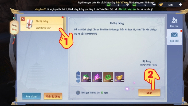 Chọn Thư hệ thống > Bấm Nhận để lấy qu&agrave;