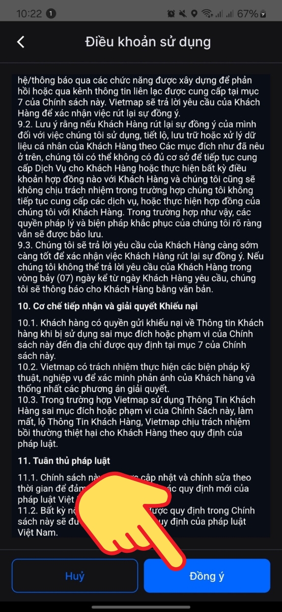 Đọc điều khoản sử dụng, bạn vuốt kéo màn hình xuống cuối trang > Chọn Đồng ý Đọc điều khoản sử dụng, bạn vuốt kéo màn hình xuống cuối trang > Chọn Đồng ý
