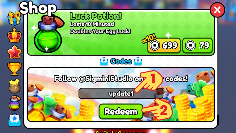 Kéo xuống cuối bảng và nhập code > Nhấn Redeem để nhận quà Kéo xuống cuối bảng và nhập code > Nhấn Redeem để nhận quà