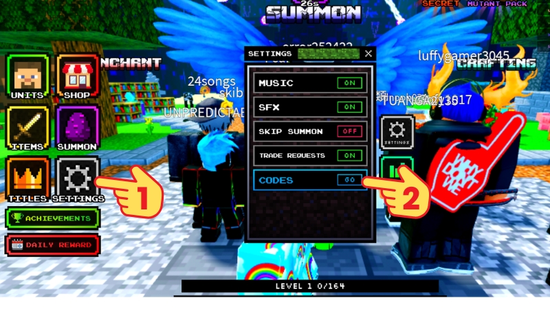 Chọn Settings (cạnh tr&aacute;i m&agrave;n h&igrave;nh) > Tại mục Codes chọn GO