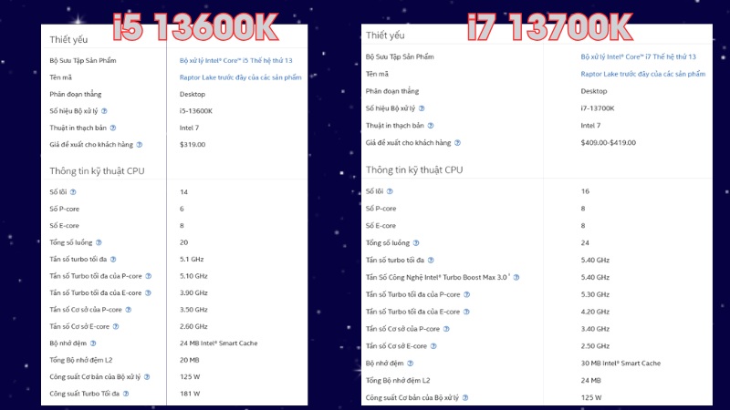 Th&ocirc;ng số i5-13600K v&agrave; i7-13700K