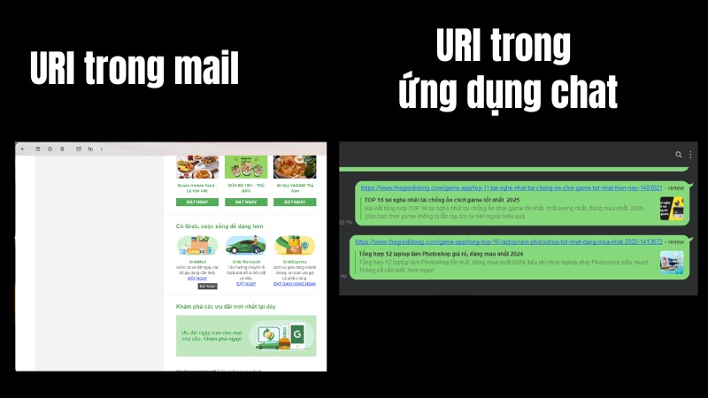 URL Trong email, tin nhắn, ứng dụng chat: