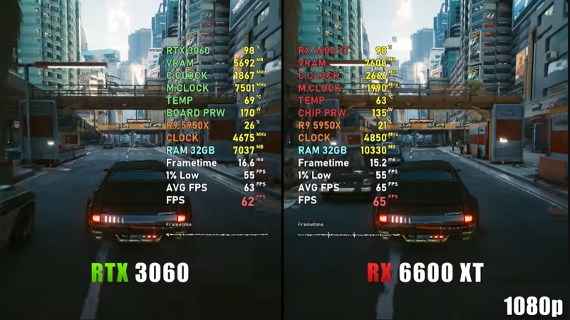 AMD Radeon RX 6600 XT v&agrave; NVIDIA GeForce RTX 3060 trong Cyberpunk 2077
