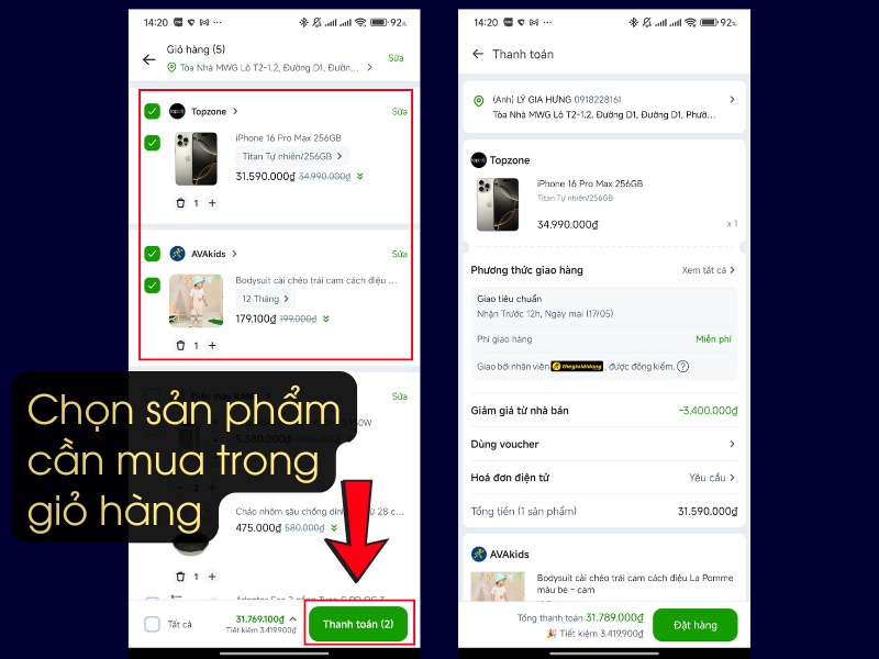Chốt sản phẩm cần mua trong giỏ h&agrave;ng&nbsp;