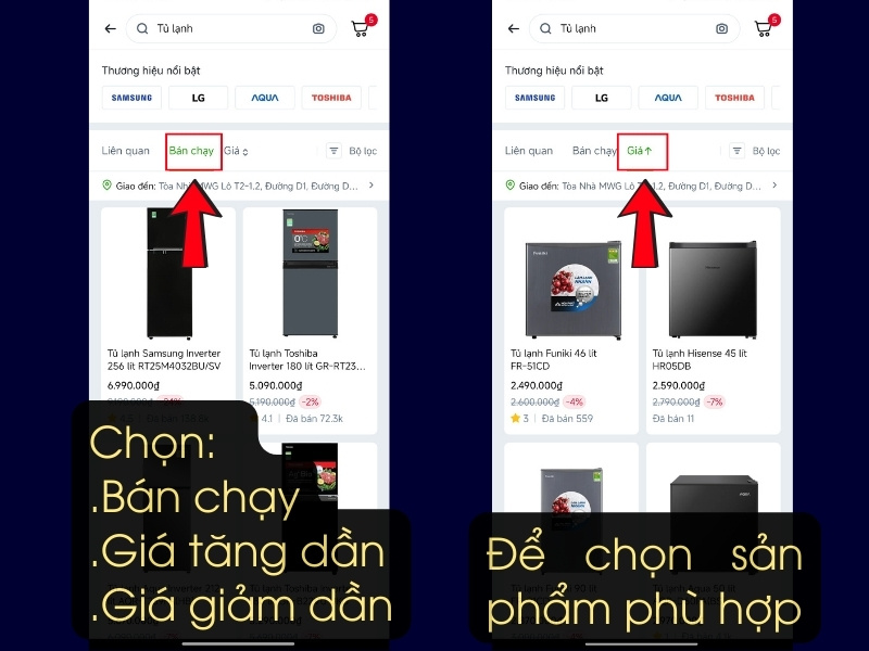 Sử dụng sắp xếp để chọn ra sản phẩm ph&ugrave; hợp