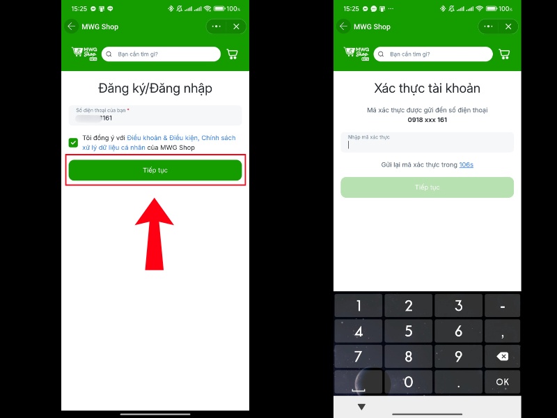 Nhập số điện thoại để ứng dụng gửi m&atilde; OTP x&aacute;c nhận