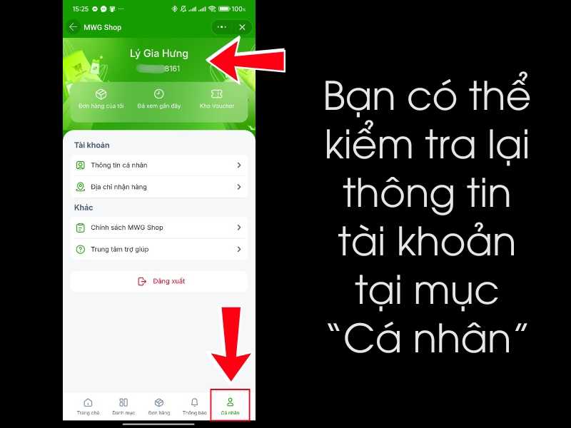 Kiểm tra lại th&ocirc;ng tin t&agrave;i khoản tại mục &ldquo;C&aacute; nh&acirc;n&rdquo;