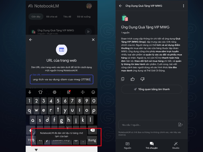  V&agrave;o lại ứng dụng Google NotebookLM v&agrave; paste (d&aacute;n) đường link vừa rồi