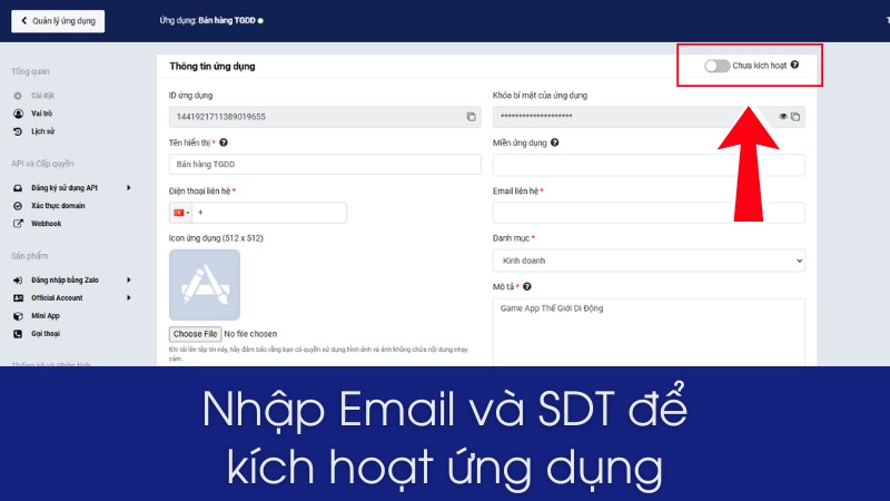 Nhập Email v&agrave; số điện thoại sau đ&oacute; lưu lại để k&iacute;ch hoạt ứng dụng