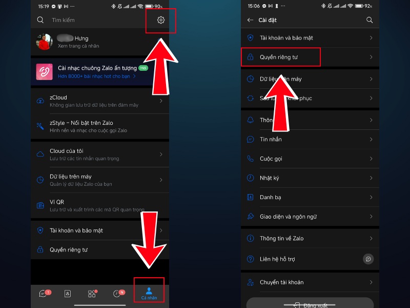mục C&aacute; nh&acirc;n, sau đ&oacute; chọn v&agrave;o C&agrave;i đặt v&agrave; chọn tiếp v&agrave;o Quyền ri&ecirc;ng tư.