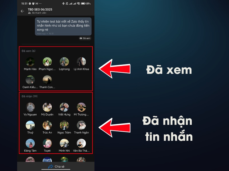 Bảng th&ocirc;ng tin sẽ hiện ra, liệt k&ecirc; danh s&aacute;ch th&agrave;nh vi&ecirc;n đ&atilde; xem v&agrave; chưa xem tin nhắn