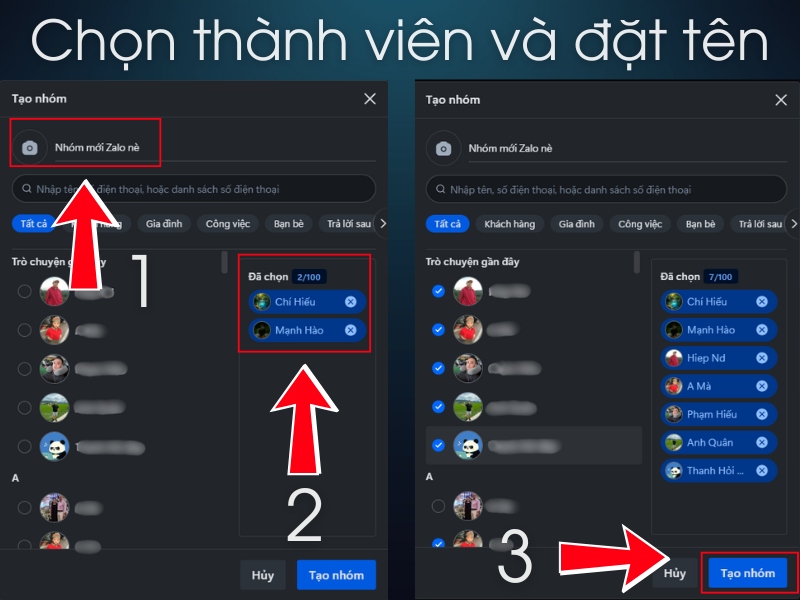 Chọn th&agrave;nh vi&ecirc;n v&agrave; tạo nh&oacute;m mới tương tự như tr&ecirc;n điện thoại