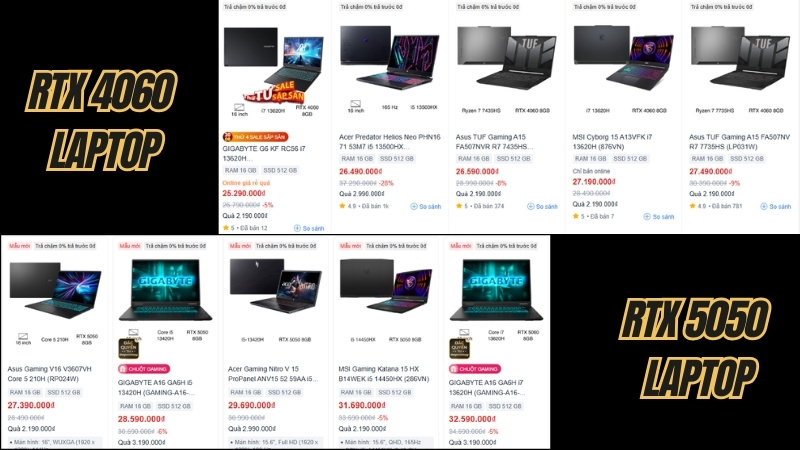 Gi&aacute; cả giữa 2 mẫu laptop sử dụng 5050 vs 4060