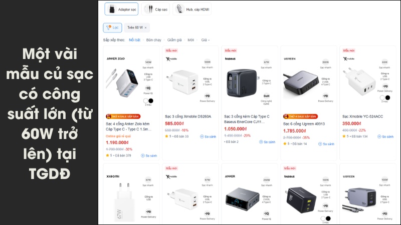 Một v&agrave;i củ sạc c&oacute; c&ocirc;ng suất lớn tại Thế Giới Di Động