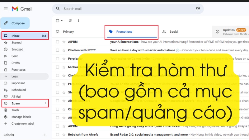 Kiểm tra h&ograve;m thư (bao gồm cả mục spam/quảng c&aacute;o)