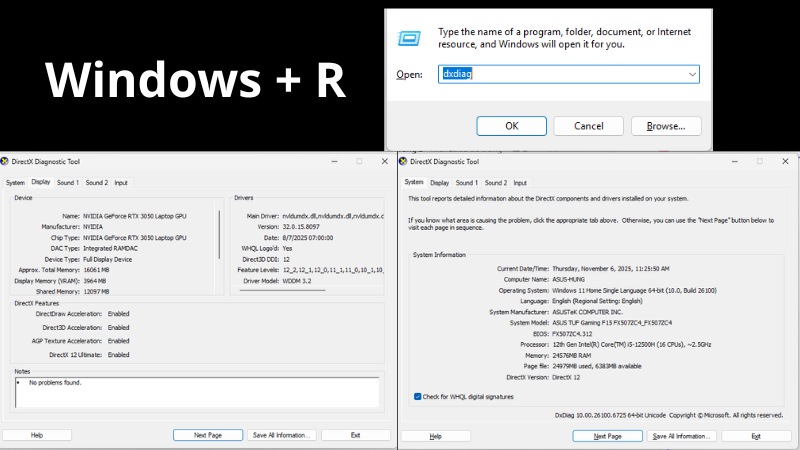  Nhấn Windows + R > g&otilde; &ldquo;dxdiag&rdquo;