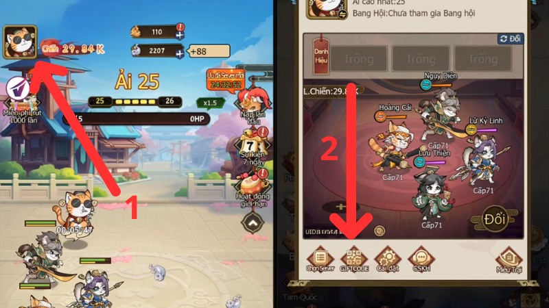 Nhấp vào biểu tượng Avatar ở góc trái màn hình và chọn Giftcode Nhấp vào biểu tượng Avatar ở góc trái màn hình và chọn Giftcode