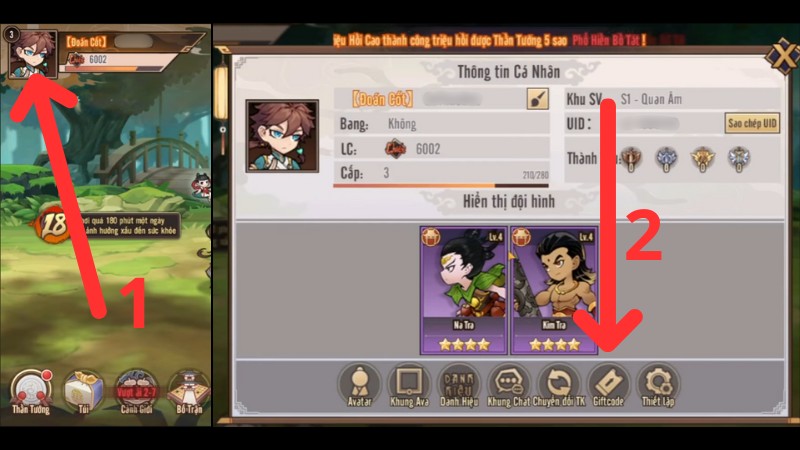 Bấm v&agrave;o ảnh đại diện (avatar nh&acirc;n vật) v&agrave; chọn phần Giftcode