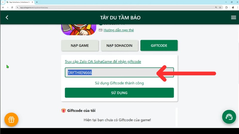 Truy cập tab Giftcode, nhập chính xác Truy cập tab Giftcode, nhập chính xác code
