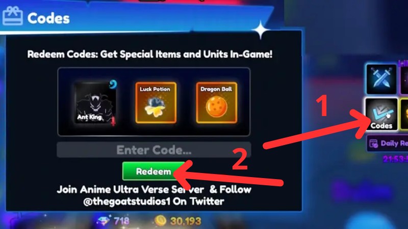 C&aacute;ch nhập code Anime Ultra Verse Roblox&nbsp;