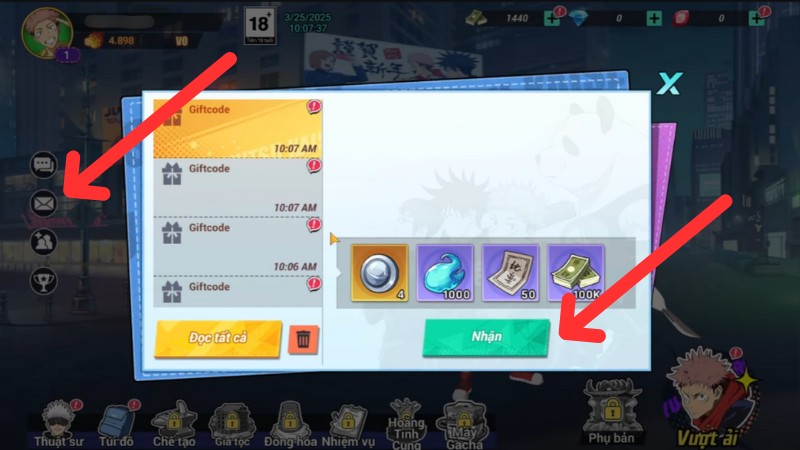 V&agrave;o mục Thư ở b&ecirc;n tr&aacute;i m&agrave;n h&igrave;nh để kiểm tra v&agrave; nhận phần thưởng đ&atilde; đổi