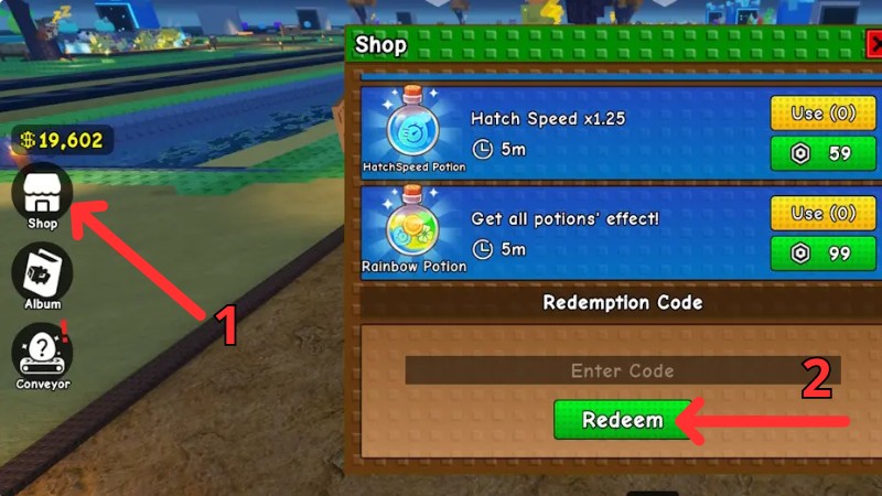  Nhập ch&iacute;nh x&aacute;c m&atilde; code Build A Zoo v&agrave;o &ocirc; v&agrave; bấm n&uacute;t Redeem để nhận phần