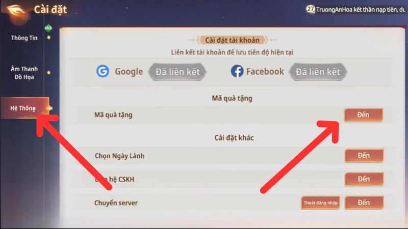  Chọn mục Hệ Thống, sau đ&oacute; chọn M&atilde; Qu&agrave; Tặng