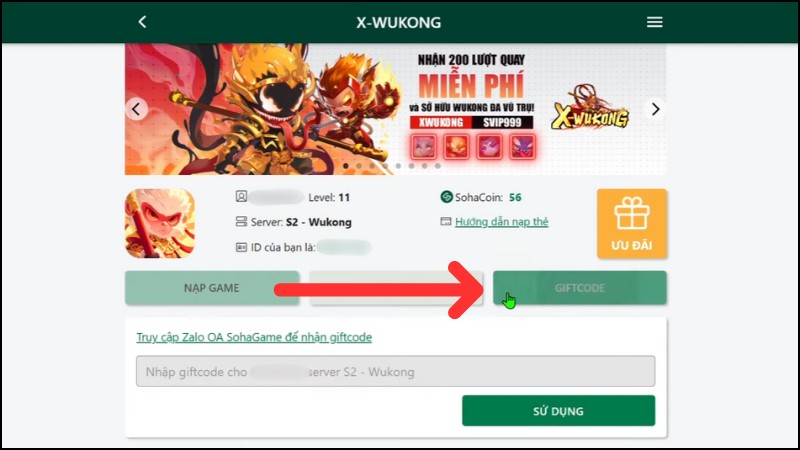Nhấn v&agrave;o tab GIFTCODE