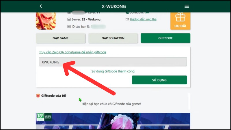  Nhập hoặc d&aacute;n m&atilde; code v&agrave;o &ocirc; trống, rồi nhấn SỬ DỤNG