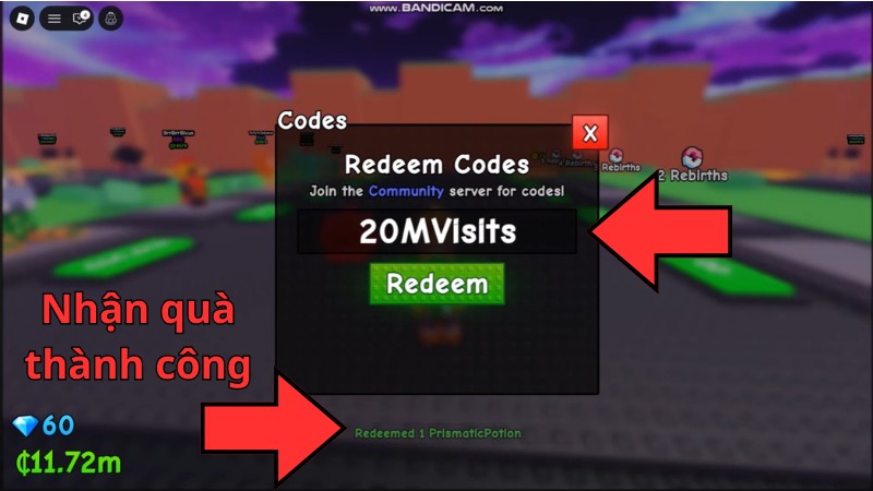 Nhập code v&agrave; nhấp Redeem để nhận phần thưởng