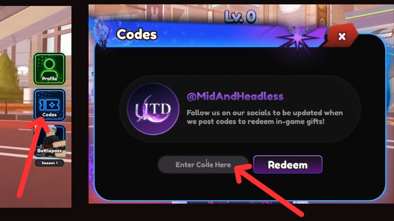 Nhấp v&agrave;o n&uacute;t Codes ở menu b&ecirc;n phải, nhập code v&agrave; bấm Reedem
