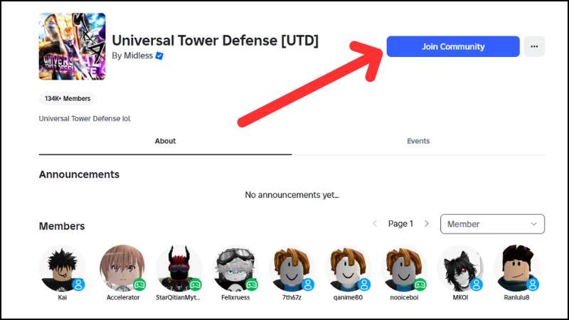 Theo d&otilde;i nh&oacute;m cộng đồng Universal Tower Defense tr&ecirc;n Roblox