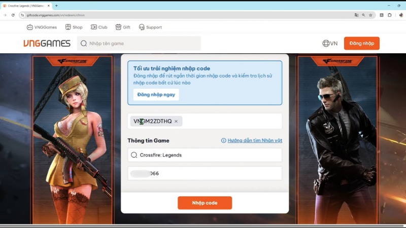 Nhập code và ID nhân vật