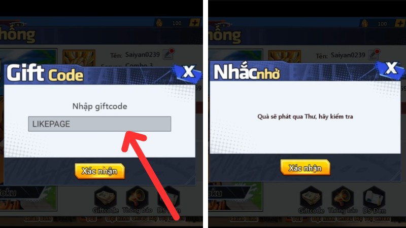 Nhập một trong những m&atilde; giftcode, sau đ&oacute; nhấn v&agrave;o n&uacute;t X&aacute;c nhận